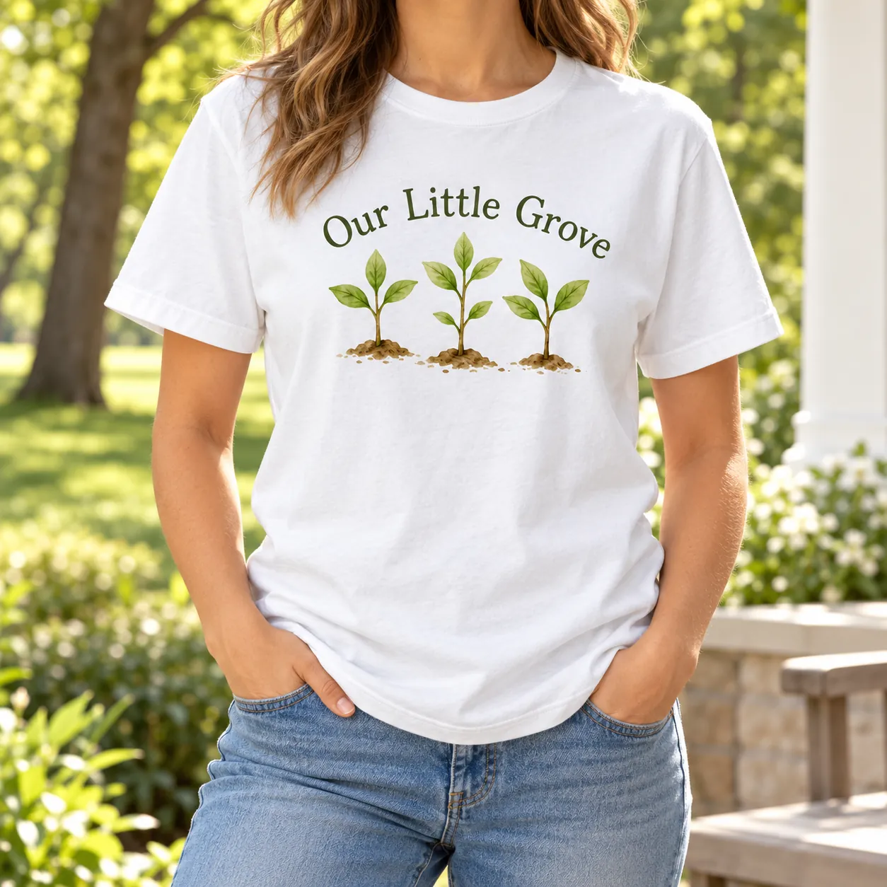 Our Little Grove Graphic T-Shirt — lifestyle design mockup