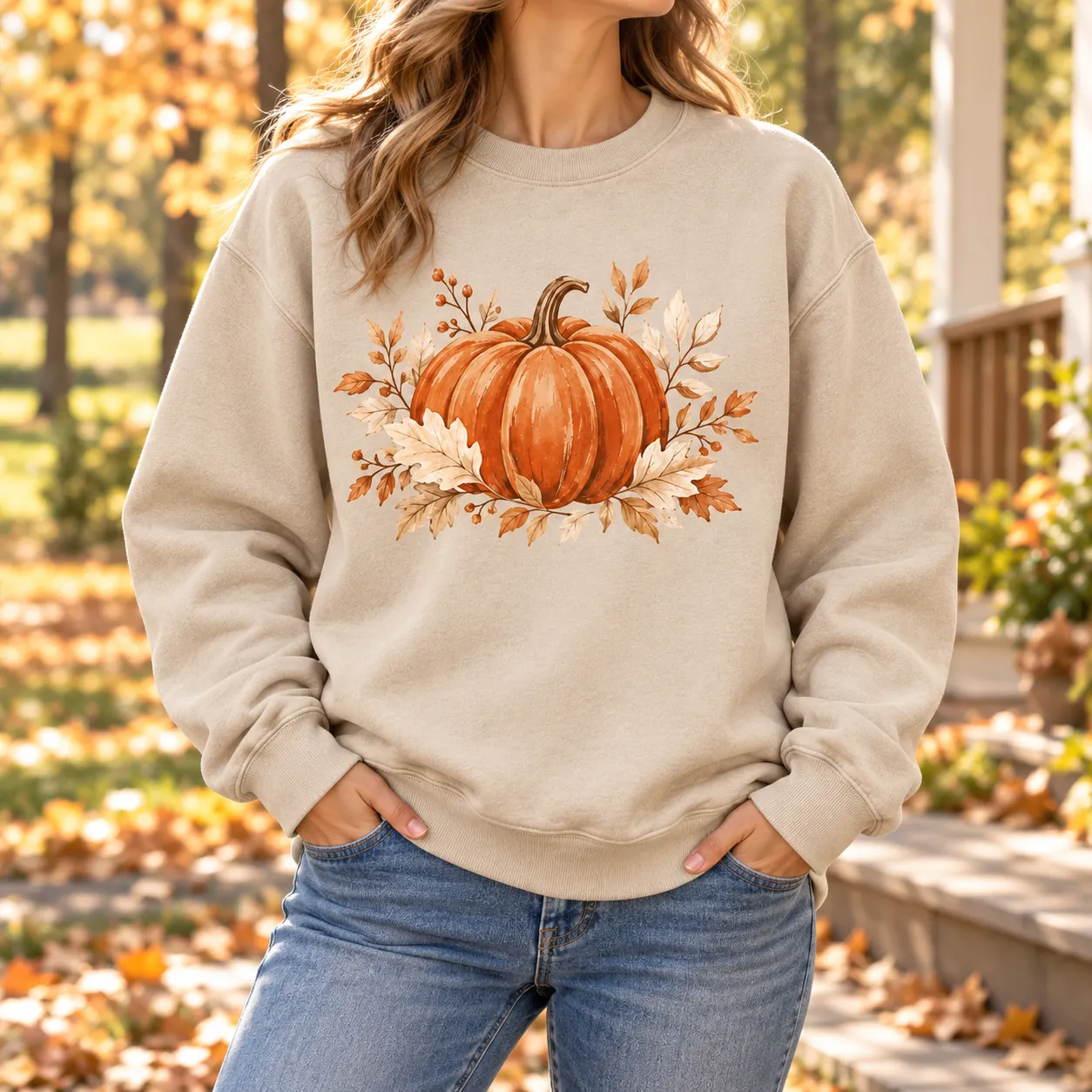 Pumpkin Porch Crewneck Sweatshirt — lifestyle design mockup