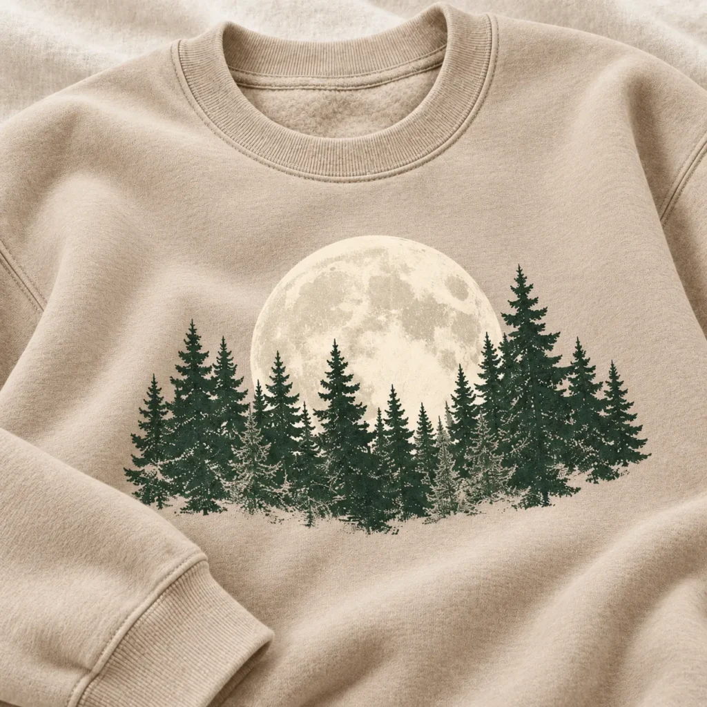 Evergreen Evening Crewneck Sweatshirt — detail design mockup