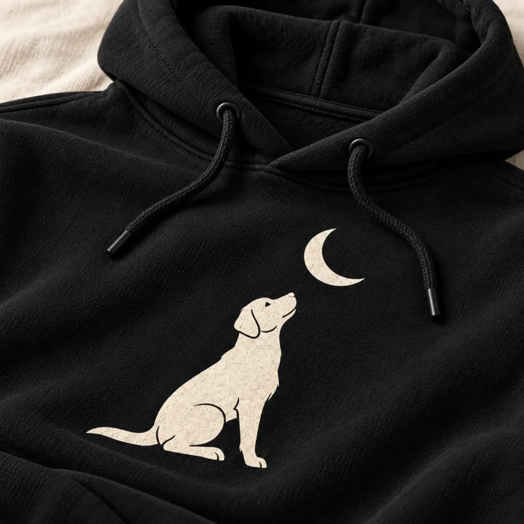 Dog And Moon Pullover Hoodie — detail design mockup