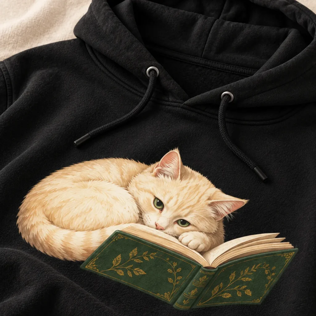 Cat And Book Pullover Hoodie — detail design mockup
