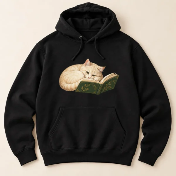 Cat And Book Pullover Hoodie — main design mockup